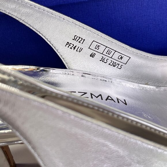 Stuart Weitzman EVA 50 Slingback Heels Sz 6.5 Silver Metallic Kitten Pointed Toe - Picture 9 of 14